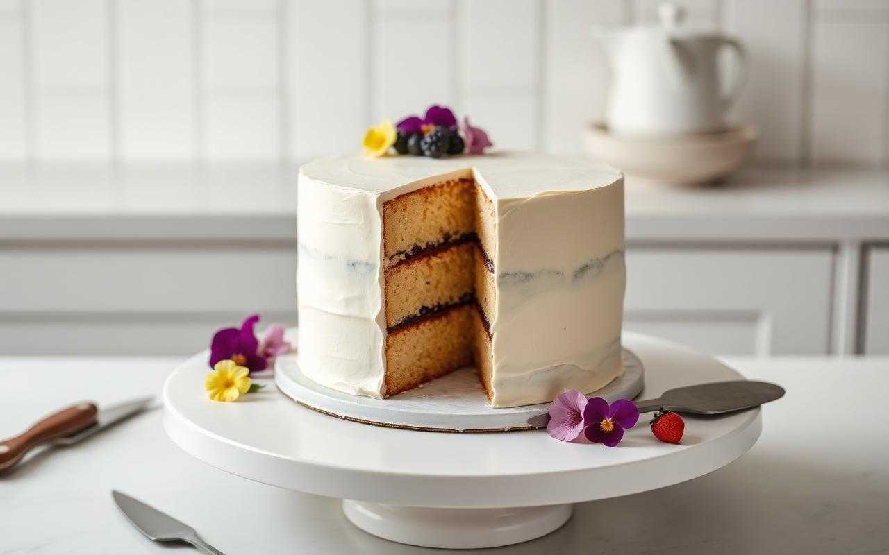 Minimal buttercream layer cake on a turntable with offset spatula, edible flowers and berries