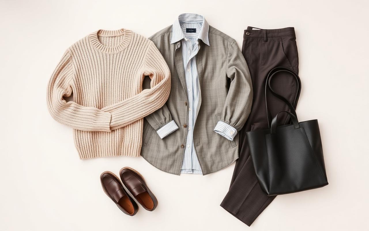 Neutral capsule wardrobe flat lay with knit sweater, linen shirt, tailored trousers, loafers and a tote