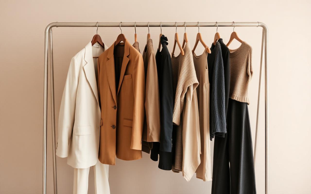 Capsule wardrobe rail with cream, camel and charcoal garments in a minimal beige room