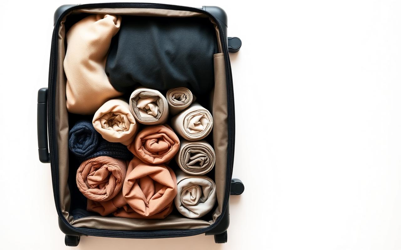 Open carry-on suitcase packed with rolled clothes in compression cubes and minimal travel essentials
