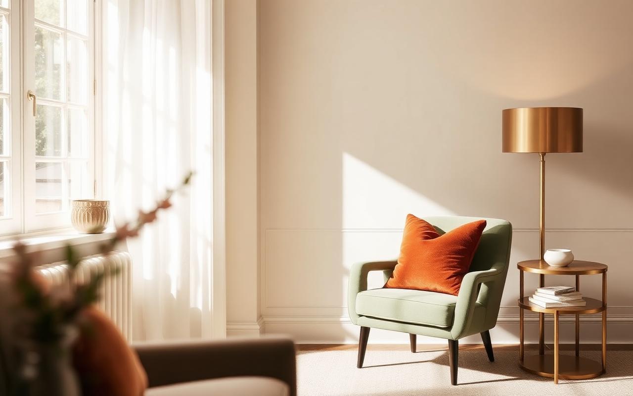 Warm cream living room with a sage green accent chair, terracotta pillow and brushed brass lamp