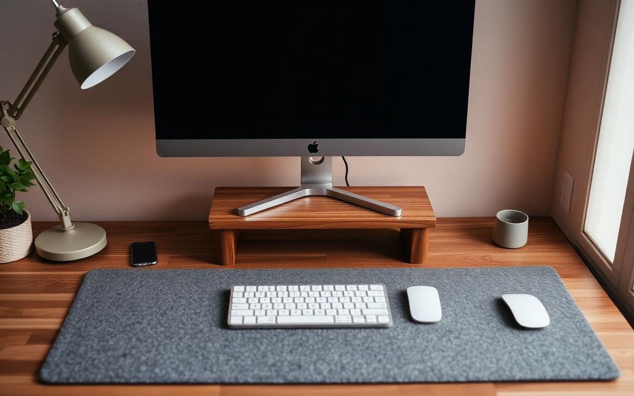 Minimal desk setup with felt desk mat, monitor on a wooden riser, warm lamp and tidy cables