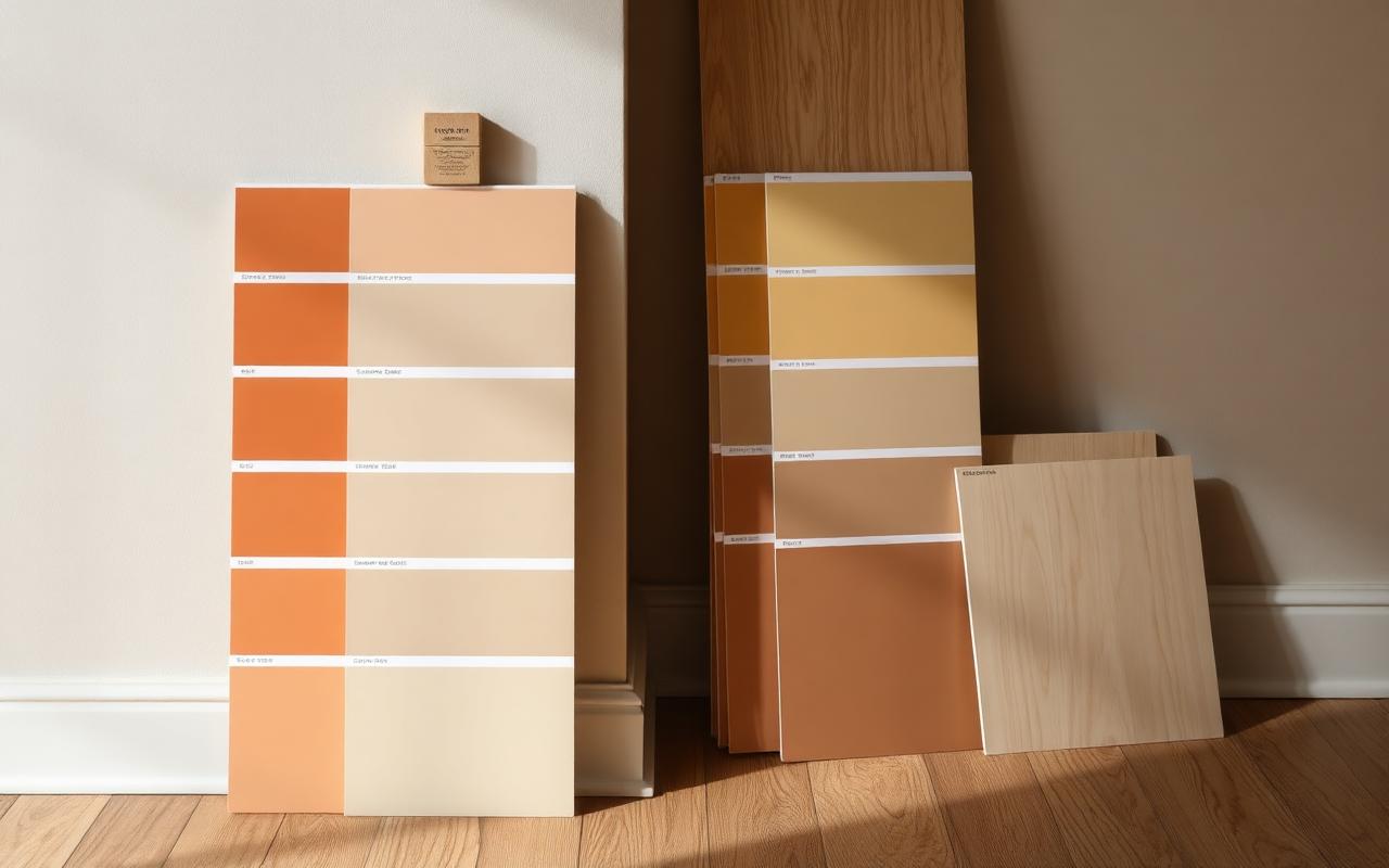 Warm neutral, terracotta and sage paint swatch boards leaning against a wall beside oak flooring samples