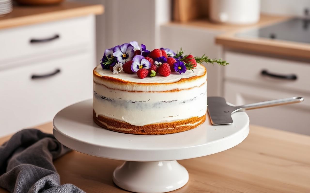 Minimalist layer cake on a turntable topped with edible pansies, raspberries and rosemary