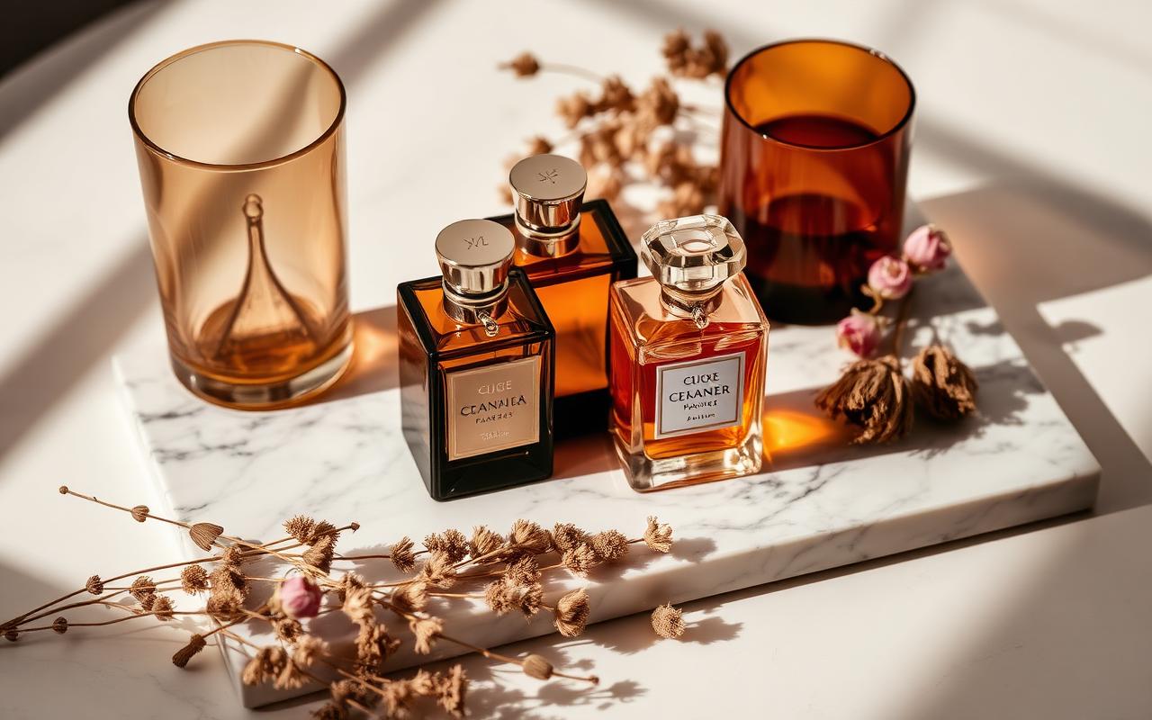 Perfume bottles on a marble tray with dried florals in warm side light