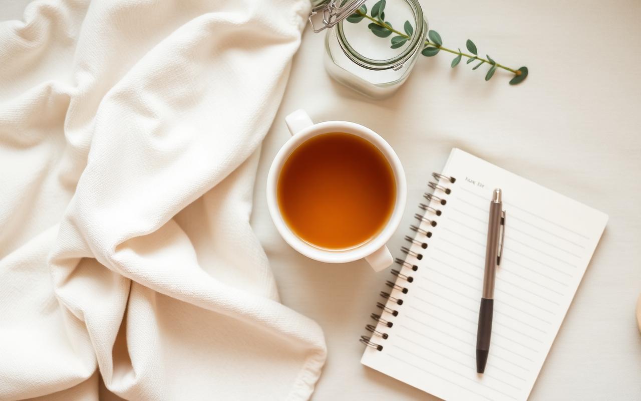 Calm self-care flat lay with herbal tea, journal, linen towel and eucalyptus in soft morning light
